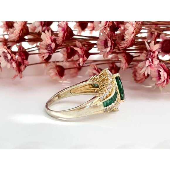 Green Emerald & CZ Wavy Vintage Sterling Silver Gold T Vermeil Ring - sz 10.25 - Picture 4 of 10